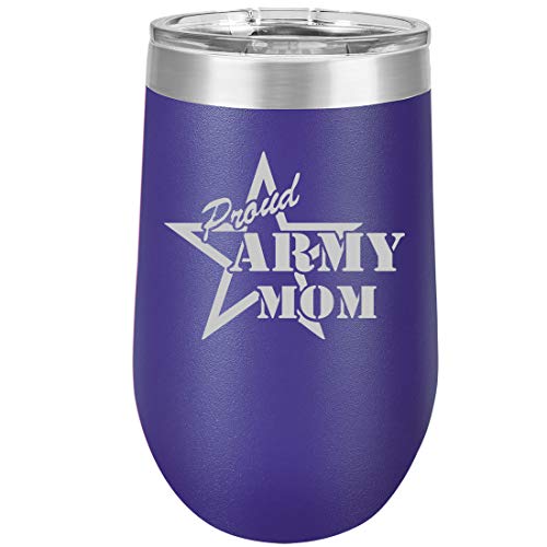 16 oz Double Wall Vacuum Insulated Stainless Steel Stemless Wine Tumbler Glass Coffee Travel Mug With Lid Proud Army Mom (Purple)