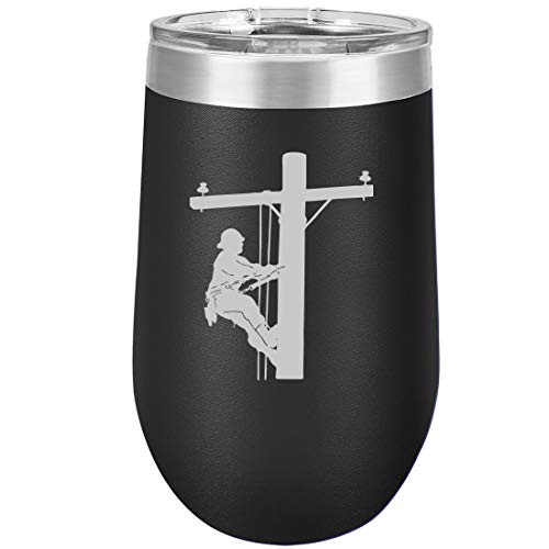 16 oz Double Wall Vacuum Insulated Stainless Steel Stemless Wine Tumbler Glass Coffee Travel Mug With Lid Lineman Electric Pole Climber