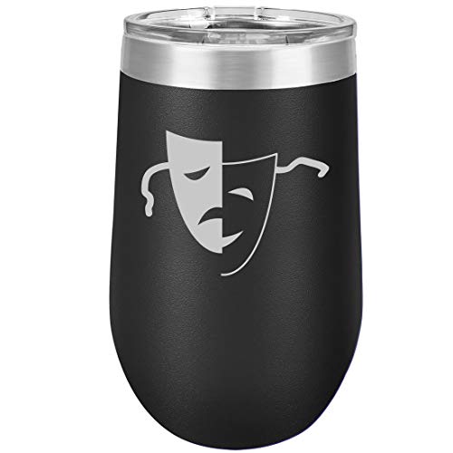16 oz Double Wall Vacuum Insulated Stainless Steel Stemless Wine Tumbler Glass Coffee Travel Mug With Lid Drama Mask (Black)