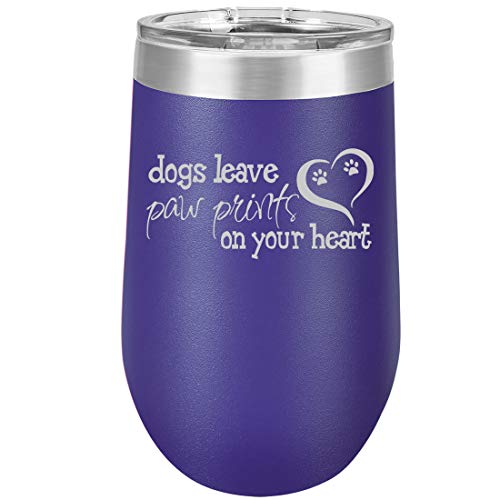 16 oz Double Wall Vacuum Insulated Stainless Steel Stemless Wine Tumbler Glass Coffee Travel Mug With Lid Dogs Leave Paw Prints On Your Heart (Purple)