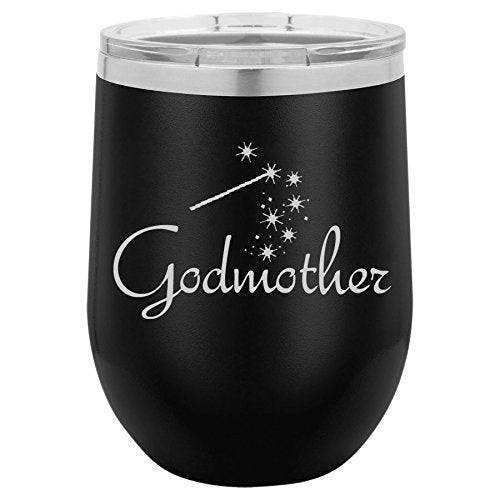 12 oz Double Wall Vacuum Insulated Stainless Steel Stemless Wine Tumbler Glass Coffee Travel Mug With Lid Godmother (Black)