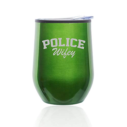 Stemless Wine Tumbler Coffee Travel Mug Glass With Lid Police Wifey (Green)