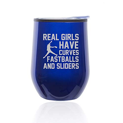 Stemless Wine Tumbler Coffee Travel Mug Glass With Lid Real Girls Curves Softball (Blue)