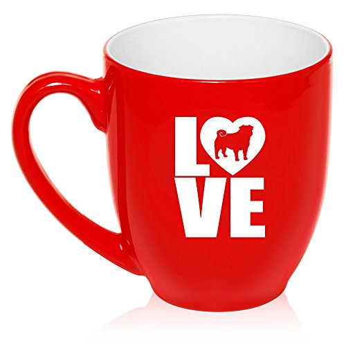 16 oz Large Bistro Mug Ceramic Coffee Tea Glass Cup Love Pug (Red)