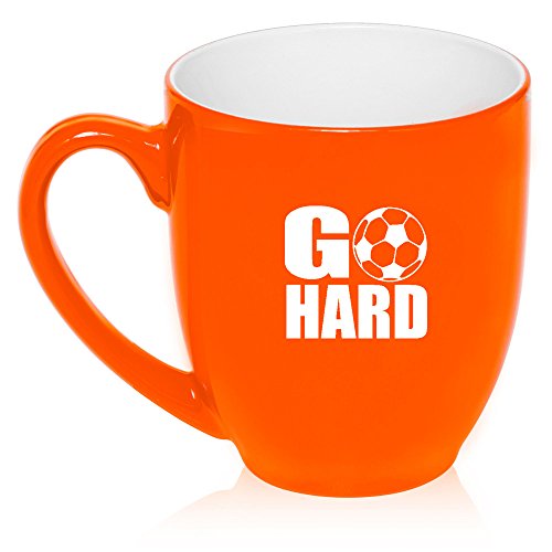 16 oz Large Bistro Mug Ceramic Coffee Tea Glass Cup Go Hard Soccer (Orange)