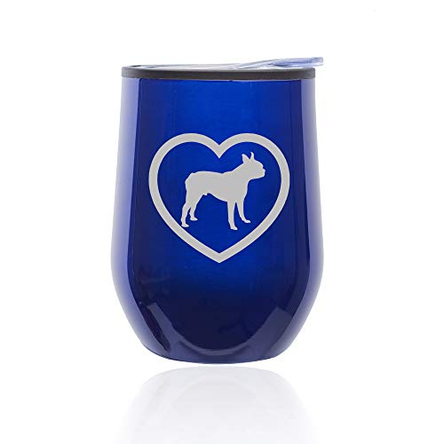 Stemless Wine Tumbler Coffee Travel Mug Glass With Lid Boston Terrier Heart (Blue)