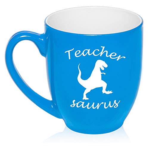 16 oz Large Bistro Mug Ceramic Coffee Tea Glass Cup Teacher Saurus Funny T-Rex (Light-Blue)