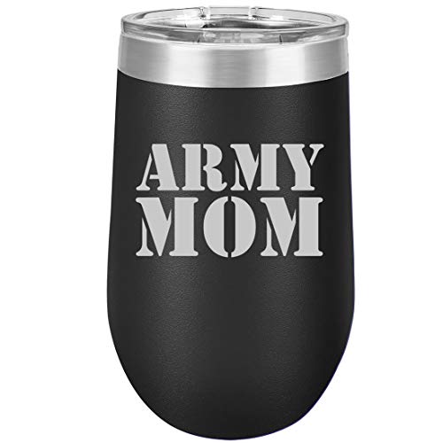 16 oz Double Wall Vacuum Insulated Stainless Steel Stemless Wine Tumbler Glass Coffee Travel Mug With Lid Army Mom (Black)