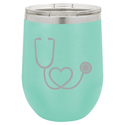 12 oz Double Wall Vacuum Insulated Stainless Steel Stemless Wine Tumbler Glass Coffee Travel Mug With Lid Heart Stethoscope Nurse (Teal)