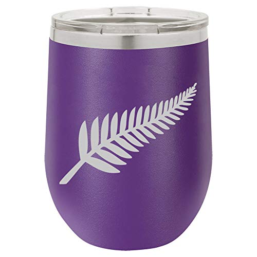 12 oz Double Wall Vacuum Insulated Stainless Steel Stemless Wine Tumbler Glass Coffee Travel Mug With Lid New Zealand Silver Fern (Purple)