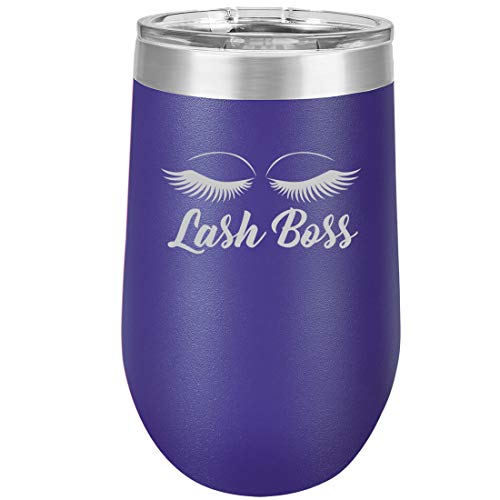 16 oz Double Wall Vacuum Insulated Stainless Steel Stemless Wine Tumbler Glass Coffee Travel Mug With Lid Lash Boss Makeup Lash Extension Artist (Purple)