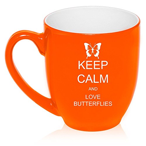 16 oz Large Bistro Mug Ceramic Coffee Tea Glass Cup Keep Calm and Love Butterflies (Orange)