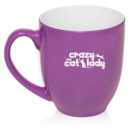 16 oz Large Bistro Mug Ceramic Coffee Tea Glass Cup Crazy Cat Lady (Purple)