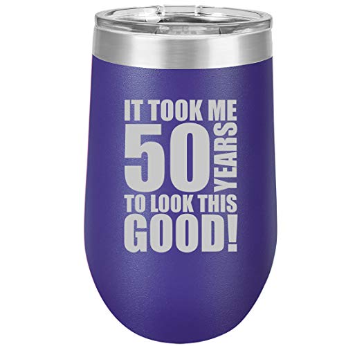 16 oz Double Wall Vacuum Insulated Stainless Steel Stemless Wine Tumbler Glass Coffee Travel Mug With Lid It Took Me 50 Years To Look This Good 50th Birthday (Purple)