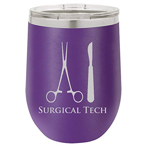 12 oz Double Wall Vacuum Insulated Stainless Steel Stemless Wine Tumbler Glass Coffee Travel Mug With Lid Surgical Tech (Purple)