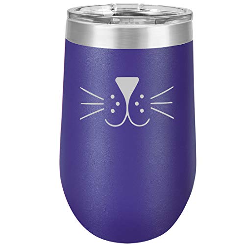 16 oz Double Wall Vacuum Insulated Stainless Steel Stemless Wine Tumbler Glass Coffee Travel Mug With Lid Cat Face Whiskers (Purple)