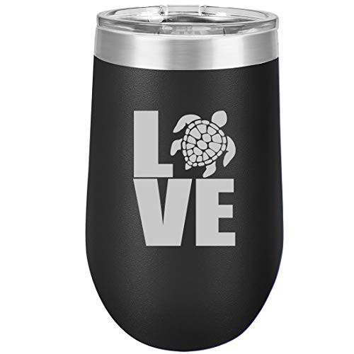 16 oz Double Wall Vacuum Insulated Stainless Steel Stemless Wine Tumbler Glass Coffee Travel Mug With Lid LOVE Sea Turtle (Black)