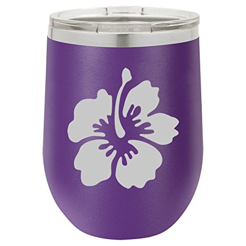 12 oz Double Wall Vacuum Insulated Stainless Steel Stemless Wine Tumbler Glass Coffee Travel Mug With Lid Hibiscus Flower (Purple)