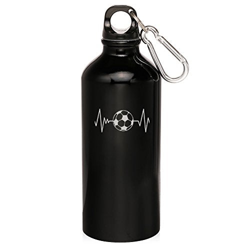 20oz Aluminum Sports Water Bottle Caribiner Clip Heart Beats Soccer (Black)