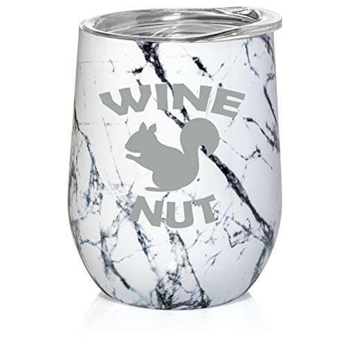 12 oz Double Wall Vacuum Insulated Stainless Steel Marble Stemless Wine Tumbler Glass Coffee Travel Mug With Lid Wine Nut Squirrel Funny (Black White Marble)