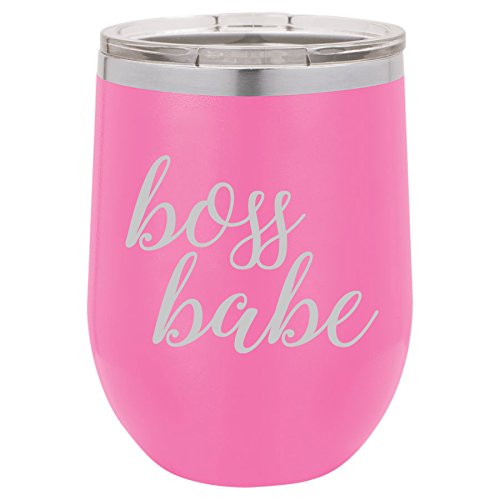 12 oz Double Wall Vacuum Insulated Stainless Steel Stemless Wine Tumbler Glass Coffee Travel Mug With Lid Boss Babe (Hot-Pink)