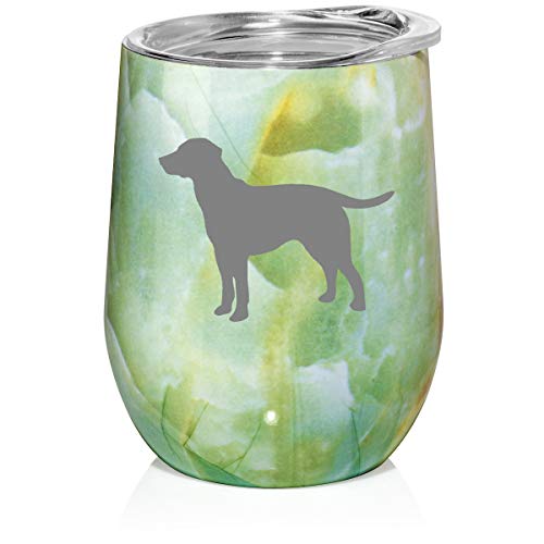 12 oz Double Wall Vacuum Insulated Stainless Steel Marble Stemless Wine Tumbler Glass Coffee Travel Mug With Lid Lab Labrador Retriever (Turquoise Green Marble)