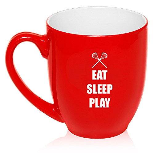 16 oz Large Bistro Mug Ceramic Coffee Tea Glass Cup Eat Sleep Play Lacrosse (Red)