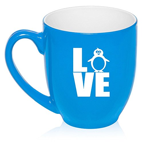 16 oz Large Bistro Mug Ceramic Coffee Tea Glass Cup Love Penguin (Light Blue)