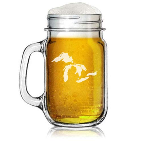 16oz Mason Jar Glass Mug w/Handle Great Lakes Michigan