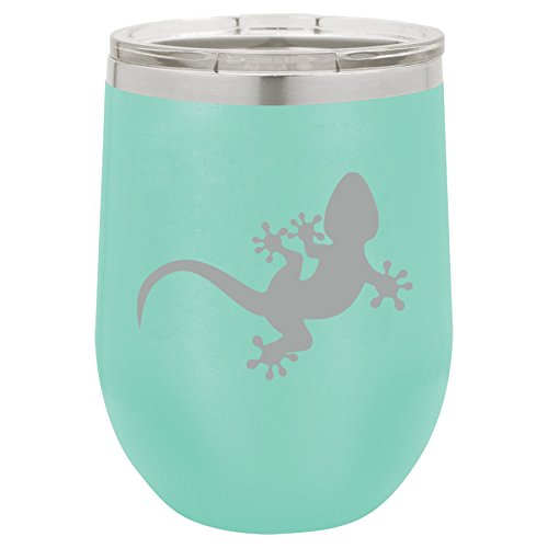 12 oz Double Wall Vacuum Insulated Stainless Steel Stemless Wine Tumbler Glass Coffee Travel Mug With Lid Gecko Lizard (Teal)