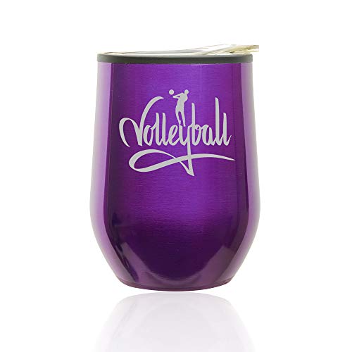Stemless Wine Tumbler Coffee Travel Mug Glass With Lid Volleyball Calligraphy (Royal Purple)