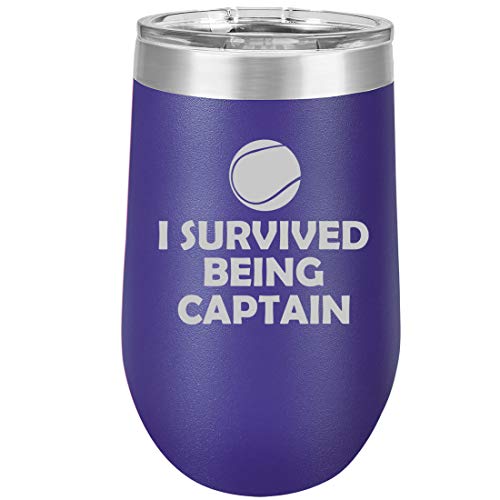 16 oz Double Wall Vacuum Insulated Stainless Steel Stemless Wine Tumbler Glass Coffee Travel Mug With Lid Tennis I Survived Being Captain (Purple)