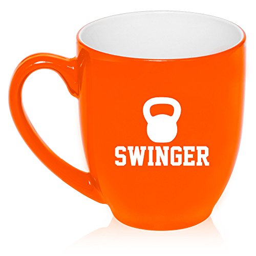 16 oz Large Bistro Mug Ceramic Coffee Tea Glass Cup Swinger Kettlebell Funny Workout Fitness (Orange)