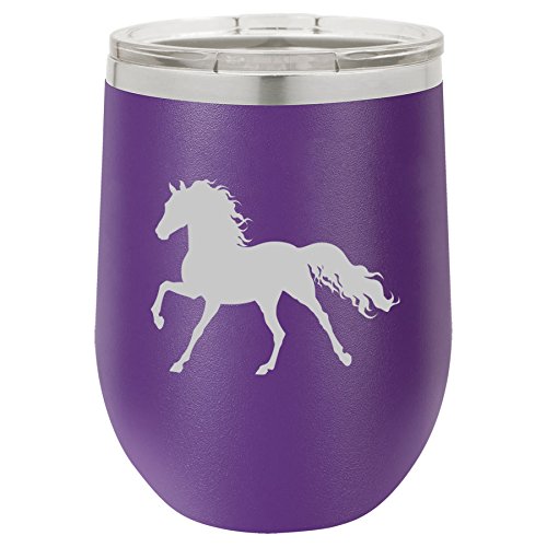 12 oz Double Wall Vacuum Insulated Stainless Steel Stemless Wine Tumbler Glass Coffee Travel Mug With Lid Horse (Purple)