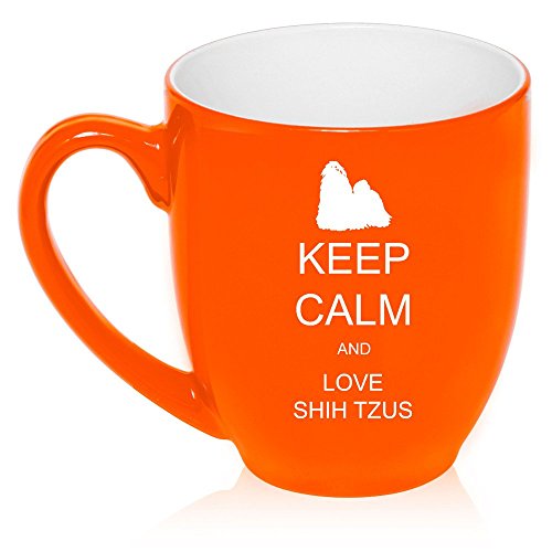 16 oz Large Bistro Mug Ceramic Coffee Tea Glass Cup Keep Calm and Love Shih Tzus (Orange)