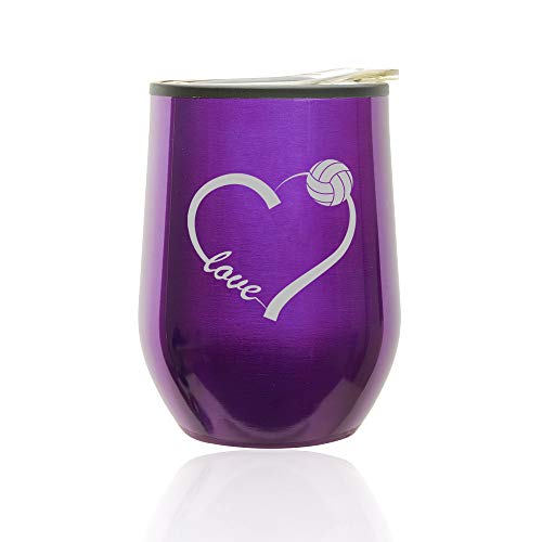 Stemless Wine Tumbler Coffee Travel Mug Glass With Lid Love Heart Volleyball (Royal Purple)