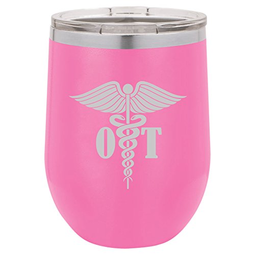 12 oz Double Wall Vacuum Insulated Stainless Steel Stemless Wine Tumbler Glass Coffee Travel Mug With Lid OT Occupational Therapy Therapist (Hot-Pink)