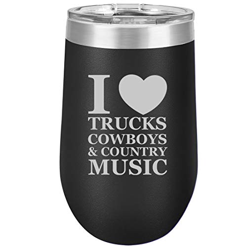 16 oz Double Wall Vacuum Insulated Stainless Steel Stemless Wine Tumbler Glass Coffee Travel Mug With Lid Love Trucks Cowboys Country Music