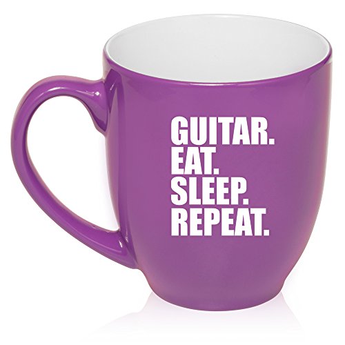 16 oz Large Bistro Mug Ceramic Coffee Tea Glass Cup Guitar Eat Sleep Repeat (Purple)