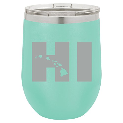 12 oz Double Wall Vacuum Insulated Stainless Steel Stemless Wine Tumbler Glass Coffee Travel Mug With Lid HI Hawaiian Islands Hawaii (Teal)