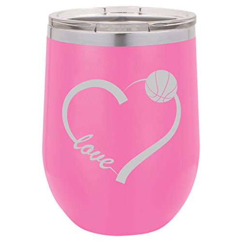 12 oz Double Wall Vacuum Insulated Stainless Steel Stemless Wine Tumbler Glass Coffee Travel Mug With Lid Love Heart Basketball (Hot-Pink)