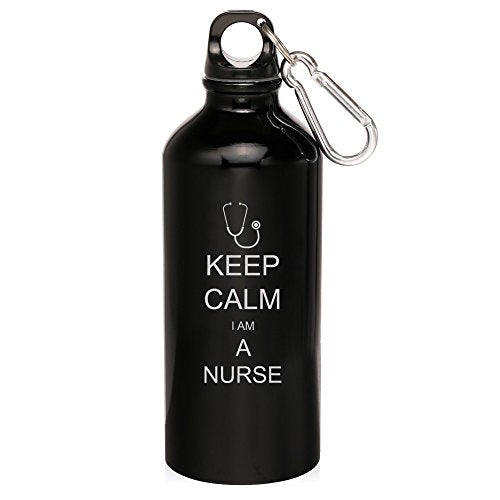 20oz Aluminum Sports Water Bottle Caribiner Clip Keep Calm I Am A Nurse (Black)