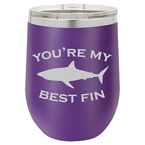 12 oz Double Wall Vacuum Insulated Stainless Steel Stemless Wine Tumbler Glass Coffee Travel Mug With Lid You're My Best Fin Friend Shark (Purple)