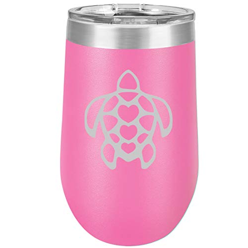 16 oz Double Wall Vacuum Insulated Stainless Steel Stemless Wine Tumbler Glass Coffee Travel Mug With Lid Turtle Hearts (Hot Pink)