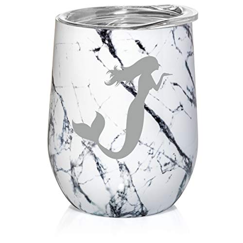 12 oz Double Wall Vacuum Insulated Stainless Steel Marble Stemless Wine Tumbler Glass Coffee Travel Mug With Lid Mermaid (Black White Marble)