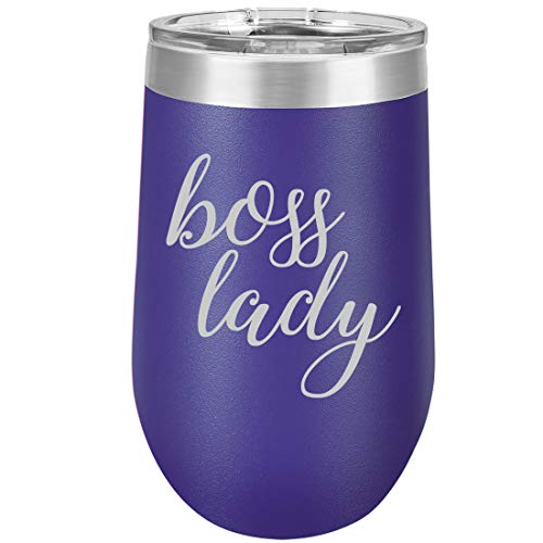 16 oz Double Wall Vacuum Insulated Stainless Steel Stemless Wine Tumbler Glass Coffee Travel Mug With Lid Boss Lady (Purple)