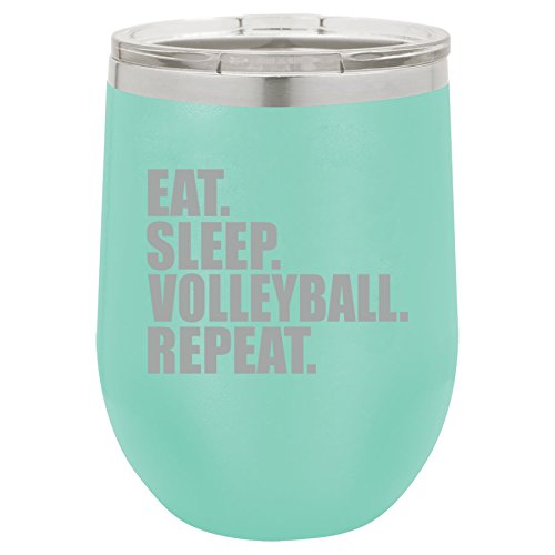 12 oz Double Wall Vacuum Insulated Stainless Steel Stemless Wine Tumbler Glass Coffee Travel Mug With Lid Eat Sleep Volleyball Repeat (Teal)