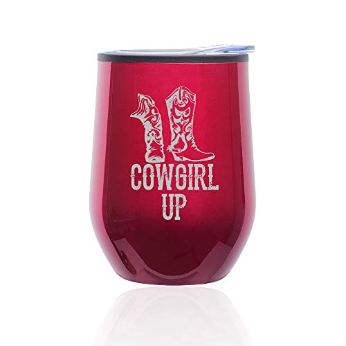 Stemless Wine Tumbler Coffee Travel Mug Glass With Lid Cowgirl Up Boots (Fuchsia)