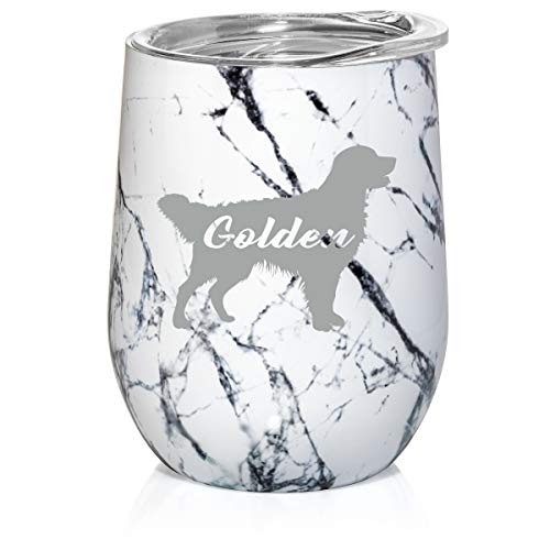 12 oz Double Wall Vacuum Insulated Stainless Steel Marble Stemless Wine Tumbler Glass Coffee Travel Mug With Lid Golden Retriever 'Golden' (Black White Marble)