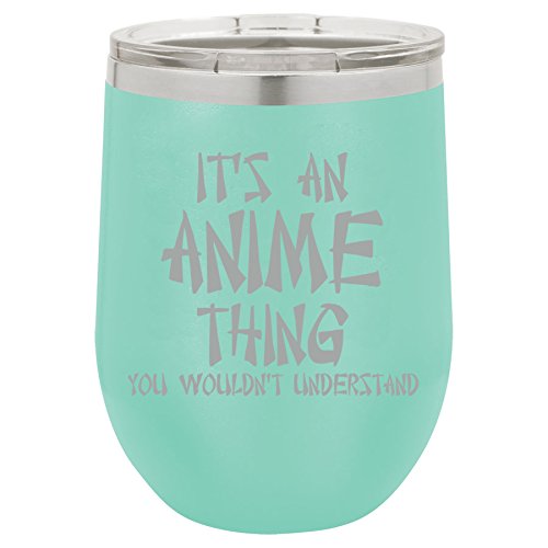 12 oz Double Wall Vacuum Insulated Stainless Steel Stemless Wine Tumbler Glass Coffee Travel Mug With Lid It's An Anime Thing (Teal)